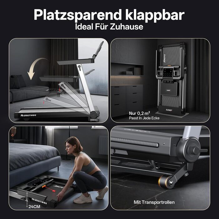 Біговий тренажер JOROTO для дому, складаний, 2.5PS, нахил 1-10%, LED дисплей, 15 програм, 1-16 км/год, велика площа бігової доріжки 130×48 см, Bluetooth, Kinomap, вантажопідйомність 150 кг, чорний