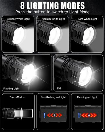 LED налобний ліхтар перезарядна, 100 000 люкс, 12 режимів, червоне світло, IPX7, для кемпінгу, риболовлі, активного відпочинку