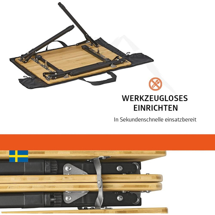 Зручний складаний садовий/кемпінговий столик Campout з бамбуковою полицею (65x50x65 см), 3 положення висоти, з сумкою