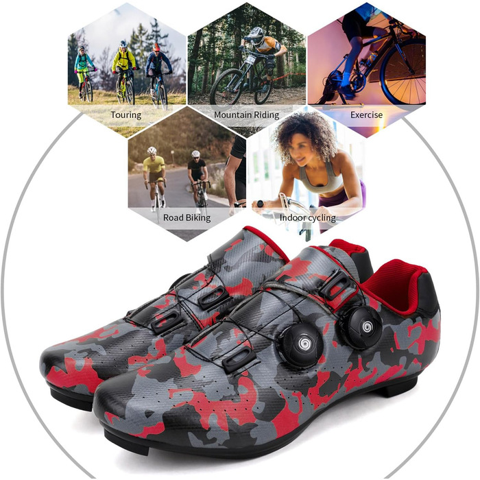Чоловічі велотуфлі для MTB та шосейної їзди, кросівки, дихаючі, для занять у приміщенні та на вулиці, сумісні з SPD/SPD-SL, 42 EU, камуфляжний малюнок, червоний колір