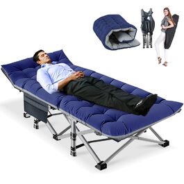 Складне кемпінгове ліжко з матрацом та кишенями, вантажопідйомність 200 кг, сталевий каркас, Oxford тканина, 190 x 71 x 36 см, для саду, офісу, кемпінгу, басейну, блакитне