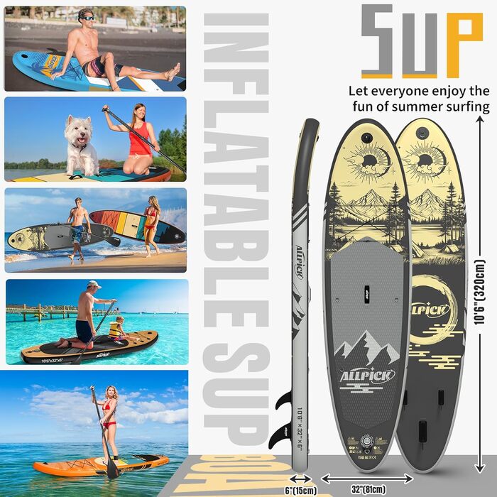 Надувний SUP Борд ALLPICK Premium Set: Комплектація для початківців та професіоналів, камера, аксесуари, регульоване весло, 200 кг, сіро-золотий