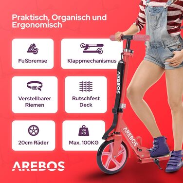 Самокат Arebos для дітей та дорослих, складний, регульований, з ременем, великими колесами та гальмом, до 100 кг