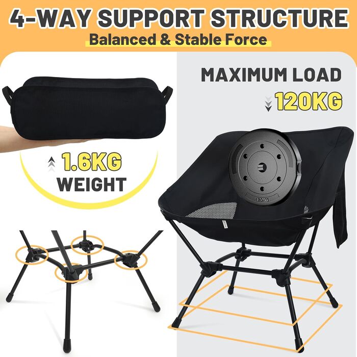 Складний туристичний стільчик для кемпінгу, Ultraleicht, регульована висота, з кишенями, компактний, для пікніків, риболовлі, саду, походів, спорту, відпочинку на природі, чорний