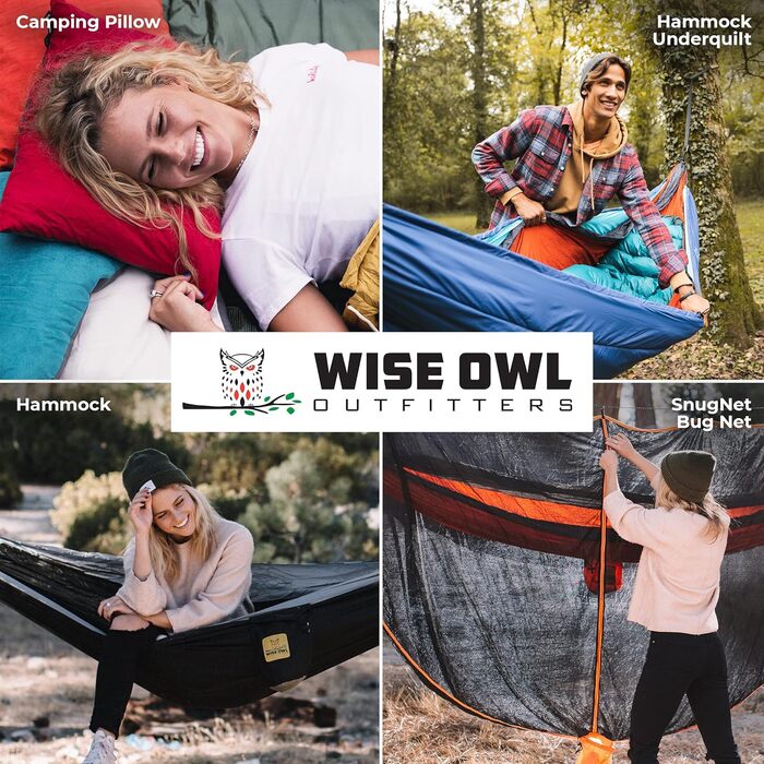 Гамак для кемпінгу Wise Owl Outfitters – односпальний або двоспальний, для дому та відпочинку на природі, з сумкою для зберігання, аксесуари для рюкзака та подорожей (Кольору вугільного та рожевого, двоспальний)