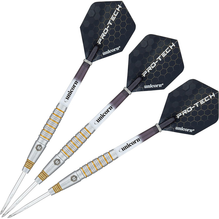 Дротики для дартсу Unicorn Pro-Tech, 90% вольфраму, сталевий наконечник, 23 г, золоті акценти