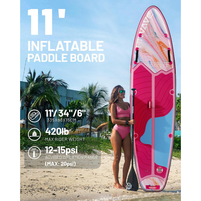 SUP-дошка надувна Hiwave Breeze Pink 335x86x15 см, вантажопідйомність 190 кг, для океану та озера, з 3-частинним регульованим веслом