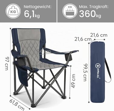 Складане крісло для кемпінгу Homecall XXL до 360 кг, посилене стілець з високою спинкою та м'якою оббивкою для риболовлі, саду та відпочинку на природі (Синій)