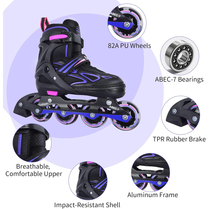 Інлайни BELEEV для дітей, підлітків та дорослих, ролики з регульованим розміром, світлодіодні шнурки та колеса, фіолетовий (EU 38-41)