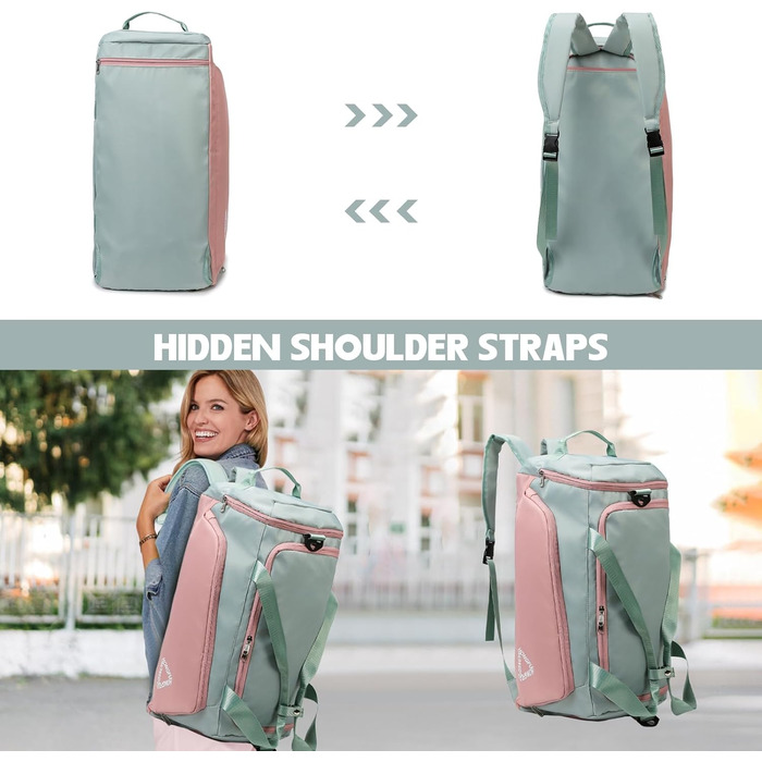 Спортивна сумка для жінок 45L з відділенням для взуття, мокрою сумкою, водонепроникна, для подорожей, спортзалу, басейну. Сумка-рюкзак для фітнесу, спорту, подорожей. Зелена/Рожева.