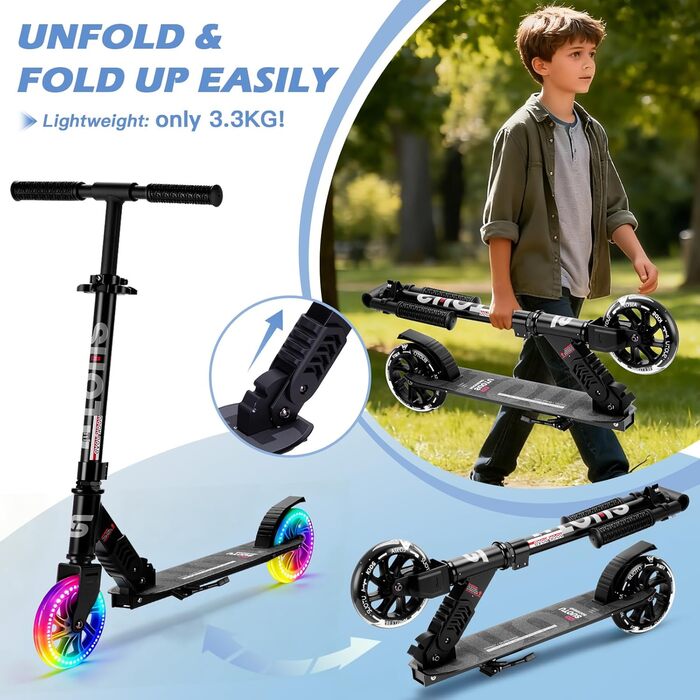 Самокат дитячий SUOTU з колесами 145 мм, до 100 кг, світлодіодами, складаний, регульована висота, для хлопчиків та дівчаток, алюмінієвий, чорний