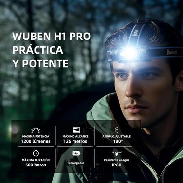Налобний ліхтар WUBEN LED 1200 Люмен, акумуляторний USB, 10 режимів роботи, водонепроникний IP68, компактний ліхтар для кемпінгу, полювання та бігу