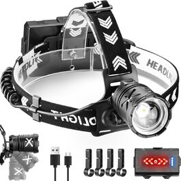 Ліхтар на голову LED акумуляторний, ліхтар червоного світла 15000 люмен з 4 режимами, водонепроникний, з регульованим фокусом та заднім світлом, 90° регульований, для бігу, кемпінгу, надзвичайних ситуацій