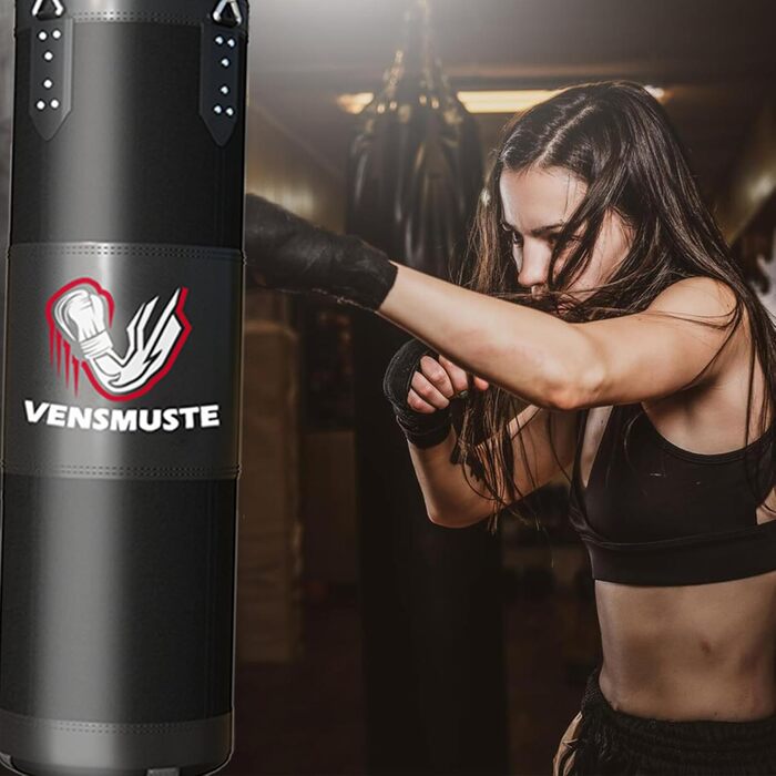 Боксерський мішок Vensmuste для дорослих, 4FT, комплект з рукавичками 340.2g, ланцюгами та напульсниками. Підходить для MMA, карате, кікбоксингу. Чорний