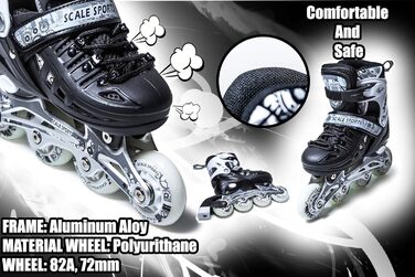 Регульовані роликові ковзани з підсвічуванням коліс для дітей та дорослих – роликові ковзани Inline, чорно-білі