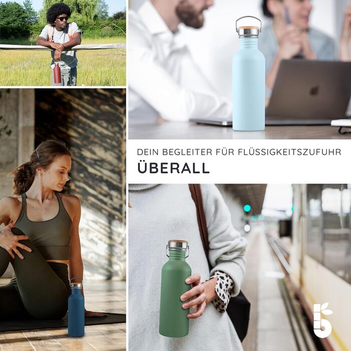 Водяна пляшка Bambaw з нержавіючої сталі 1л | Багаторазова еко-пляшка | Для кемпінгу та походів | Без пластику | Спортивна пляшка, не протікає (750 мл, м'ятний)