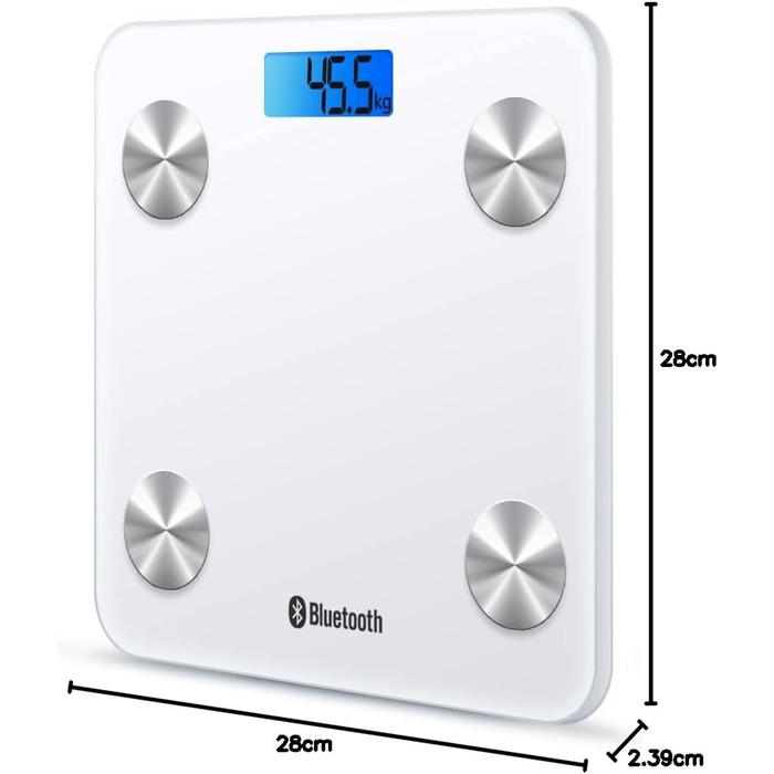 Інтелектуальна вага для тіла HomeFashion HFitness з Bluetooth, вимірювання жиру, BMI, iOS/Android, 28x28 см, білий корпус з блакитною підсвіткою
