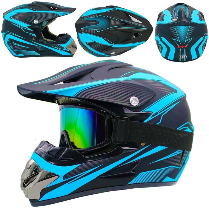 Мотошолом Racing Motocross з окулярами та рукавичками (4 шт.) - комплект для безпеки на мотоциклі, байку, оф-роуду, для дорослих та дітей, блакитний (56-57 см)