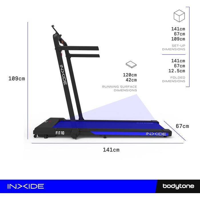 Bodytone Klappване бігове полотно з Bluetooth, сумісне з FitShow та Zwift, швидкість до 10 км/год, динамік, модель FIT10 Inxide