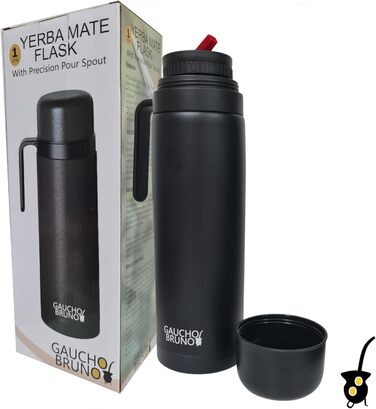 Термос для мате Yerba Mate з нержавіючої сталі, 1 л, ізольований, з ручкою та гвинтовою кришкою, для гарячих і холодних напоїв