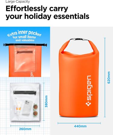 Водонепроникний мішок Spigen Aqua Shield 30L: Сумка, рюкзак для пляжу, плавання, кемпінгу, риболовлі, каякінгу (Sunset Orange)