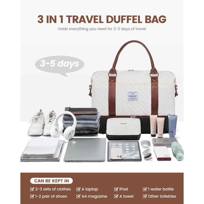 Спортивна сумка LOVEVOOK для жінок з відділенням для взуття, ручна поклажа для подорожей, сумка-мішок для вихідних, сітка для Gym, пляжу, сауни, кемпінгу (XL, 2 шт., Бежевий, Чорний, Коричневий)