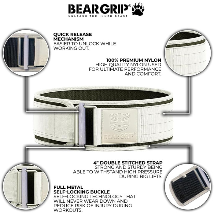 Пояс для важкої атлетики BEAR GRIP, самозамикальний, преміум, для кросфіту, пауерліфтингу та бодібілдингу, унісекс, розмір L, білий