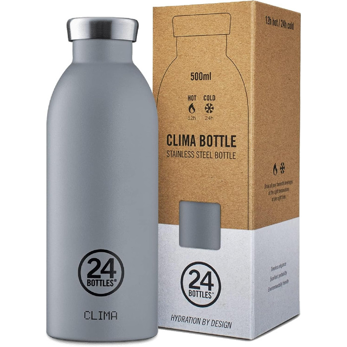 Термос пляшка 24Bottles Clima 500 мл, сталева, спортивна, екологічна, тримає 24 год холод і 12 год гаряче, герметична кришка, Formal Grey