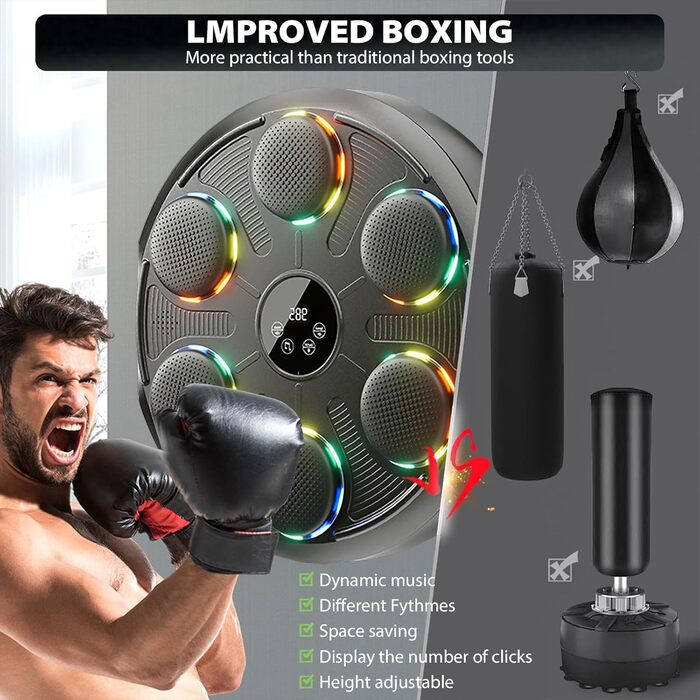 Музична боксерська машина Kensbro з LED-підсвіткою, Bluetooth, 12 швидкостей та режимів, для дорослих та дітей