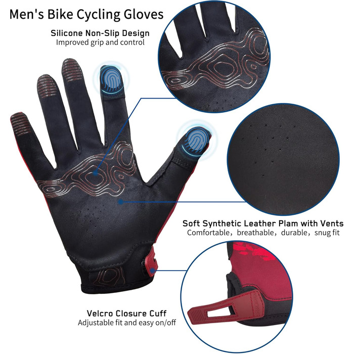 Велосипедні рукавички для чоловіків та жінок, сенсорні, дихаючі, легкі, для шосейних велосипедів, Outdoor-спорт, будівництво (M, Червоний)