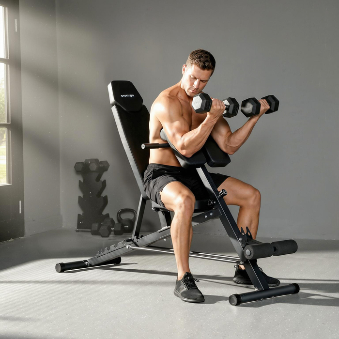 Регульована лава для жиму з багатофункціональністю, з нахиленою та плоскою поверхнею, спинка з 6 рівнями нахилу та сидіння з 3 рівнями регулювання, чорного кольору.