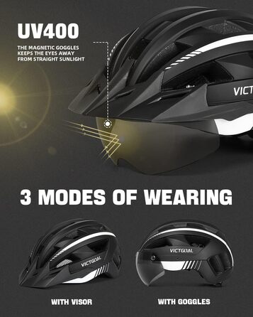 Велосипедний шолом VICTGOAL MTB з магнітним візором, знімним сонцезахистом і LED підсвіткою, для дорослих, чорний-білий, розмір M (54-58 см)