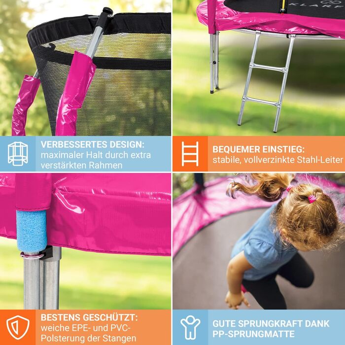 Батут Klarfit Jumpstarter - дитячий, 250 см, рожевий. З перилками, сіткою та сходами. Для активних ігор та фітнесу на вулиці. Підходить для дітей 5-9 років.