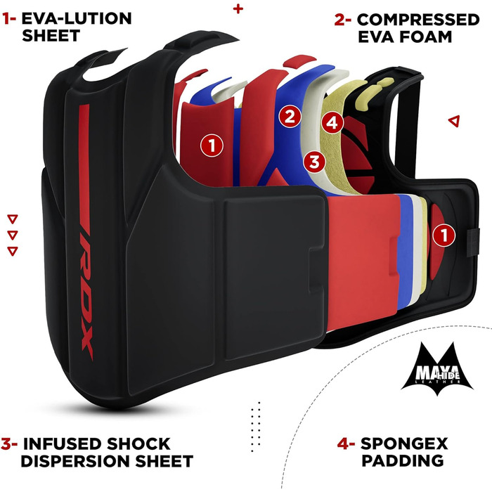 Захист для корпусу RDX з Maya Hide шкіри, червоний S/M – для кікбоксингу, MMA, муай-тай, боксу, регульований, для домашніх і тренажерних занять