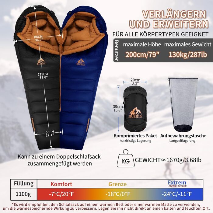 Спальний мішок зимовий, від 0°C до -24°C. Ultraleichter Mumien-Schlafsack для дорослих та підлітків, чорний, синій. Для кемпінгу, походів, трекінгу.