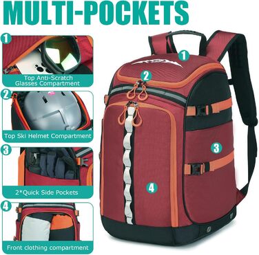 Сумка для лижних черевиків з відділенням для шолома, 65L, нейлон, рюкзак для лиж, роликів, ковзанів (червоний)