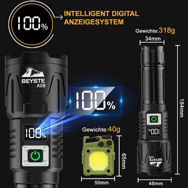 Ліхтарик LED BEYSTE, 500000 Люмен, Тактичний, Зарядний USB-C, Для кемпінгу та надзвичайних ситуацій