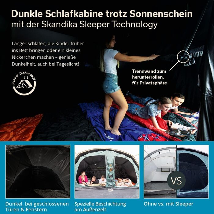 Намет Skandika Hafslo Sleeper Protect для кемпінгу 4/5/6 осіб, водонепроникний, з інтегрованим дном (5000 мм), з тамбуром, чорна спальня | Сімейний намет XL