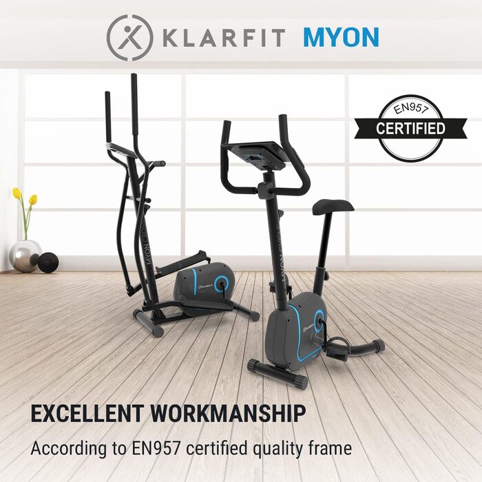 Велотренажер KLAR FIT Myon Cycle з маховиком 12 кг, ремінний привід SilentBelt, 8 рівнів навантаження, вимірювач пульсу, регульована висота сидіння, підставка для планшета, білий (чорний)