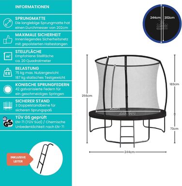 Батут для саду Zero Gravity Ø 183-427 см - TÜV сертифікований, з драбиною, стійкий до вітру, відеоінструкція. Розмір: 366 см (12 футів)