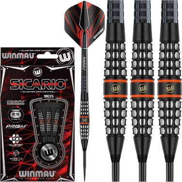 Дротики WINMAU Sicario 25 г, професійні, вольфрамові, з металевим вістрям, набір з оперенням і хвостовиками