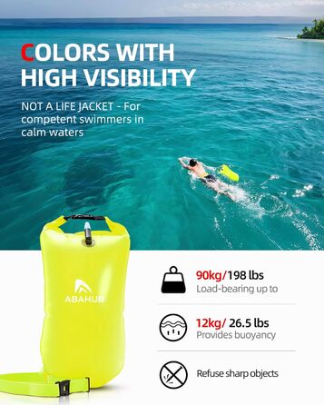 Плавальний буй Abahub з герметичним мішком (Dry Bag) для swimmers у відкритій воді, 15 л, зелений — водонепроникна допомога при плаванні з сигнальним свистком