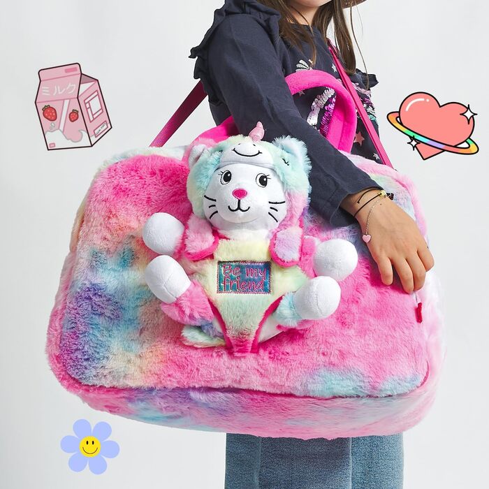 Дитячий рюкзак PERLETTI Kawaii Єдиноріг для дівчаток 3-6 років, знімна плюшева іграшка кішка, м'яка багатоколірна сумка-рюкзак для дитсадка та спорту, веселка