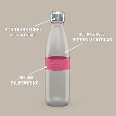 Скляна пляшка для води boddels DREE 650 мл з неопреною чохлом, боросилікатне скло, герметична, BPA-free, для спорту, школи, універсальна, рожево-малинова