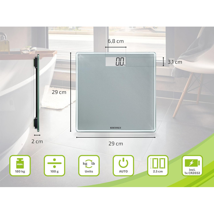 Цифрова вага Soehnle Style Sense Compact 300 для зважування людей, з великою платформою, зрозумілим LCD-дисплеєм, ультратонкий дизайн, безпечне скло, сіра