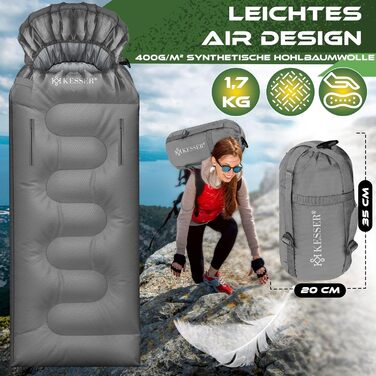 Сплячий мішок KESSER® Outdoor | Декальний спальний мішок 3-4 сезони | Для дорослих та дітей | Легкий, теплий, водостійкий | З лампою та кишенею (Сірий, 220 x 83 см)