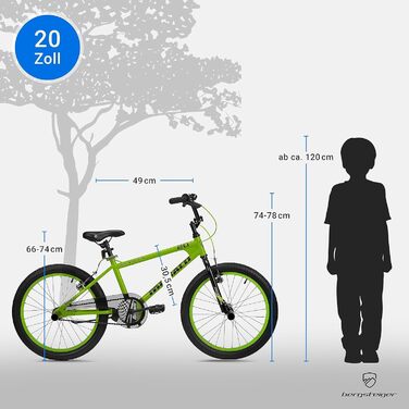 Дитячий велосипед BMX Bergsteiger Monaco 20 дюймів, фрістайл, 6-9 років, 4 сталеві пеги, захист ланцюга, вільний хід, зелений