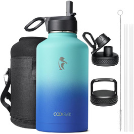 Ізольована пляшка для води Coolflask 2L з трубочкою та 3 кришками, з нержавіючої сталі, для спорту та офісу, подвійне вакуумне покриття, без витоку