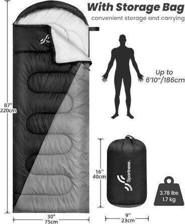 Сплячий мішок Outdoor Sportneer для дорослих та дітей - легкий, зручний для кемпінгу, походу, рюкзака. Розмір 220x75 см, чорно-сірий