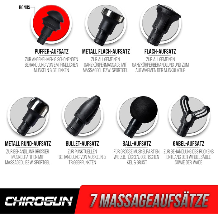 Масажер CHIROGUN® ONE - електричний масажний пістолет з 7 насадками, преміум масажер зі сталі з 6 рівнями інтенсивності, для спини, шиї, плечей, ніг, час роботи акумулятора 7 годин, чорний